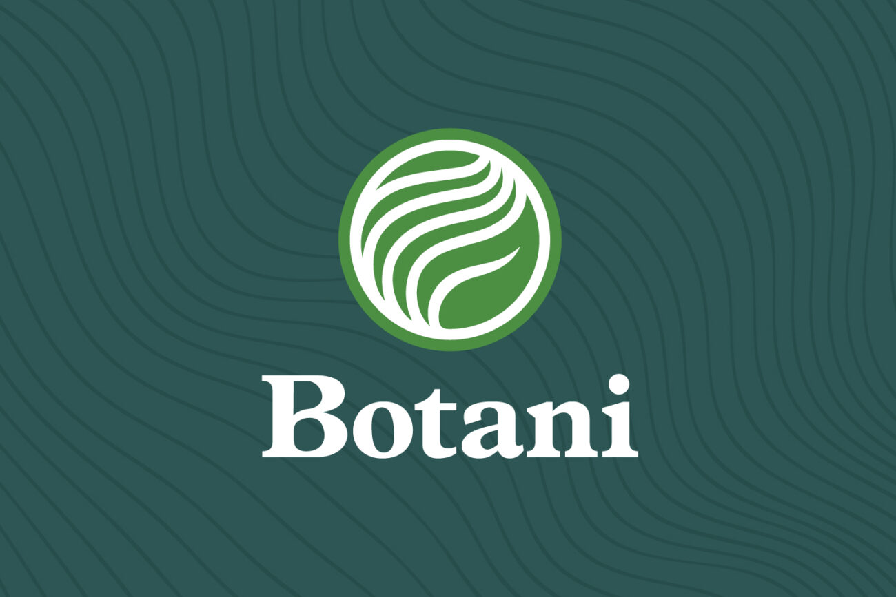 Botani logo featuring a green circular emblem with abstract leaf lines above the brand name in white serif font on a dark green wavy background.
