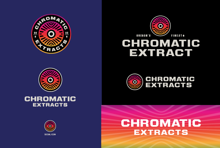 Chromatic Extracts logo variations displayed on dark and gradient backgrounds, featuring a bold circular emblem with vibrant pink, orange, and black radial lines and modern sans-serif typography.