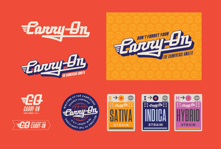 Carry-On cannabis branding featuring retro-inspired logos, bold typography, and strain labels for Sativa, Indica, and Hybrid, all in vibrant red, orange, purple, and blue color schemes with travel-themed motifs.