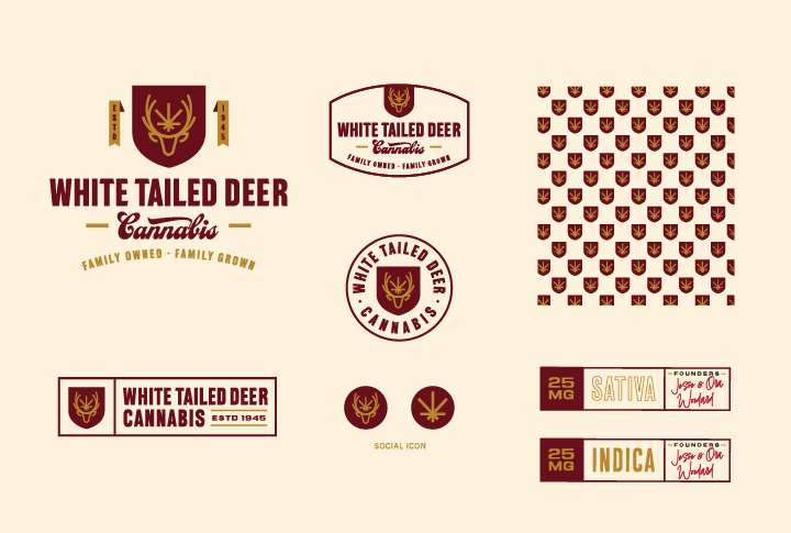 White Tailed Deer Cannabis branding elements including various logo layouts, badge designs, social icons, and packaging labels in maroon and gold with a deer antler emblem and traditional typography.