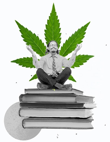 Budtender meditating on books with cannabis leaf behind him