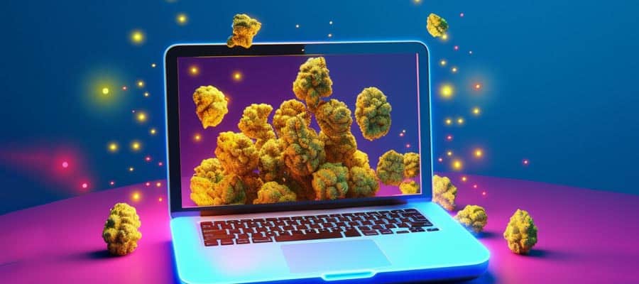 cannabis flower buds coming out of laptop