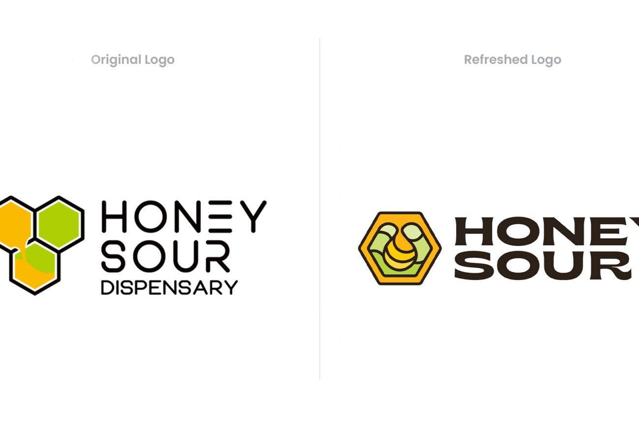 Side-by-side comparison of Honey Sour Dispensary logos, showing the original logo with simple hexagons and the refreshed logo with a bold honeycomb emblem and modern typography.