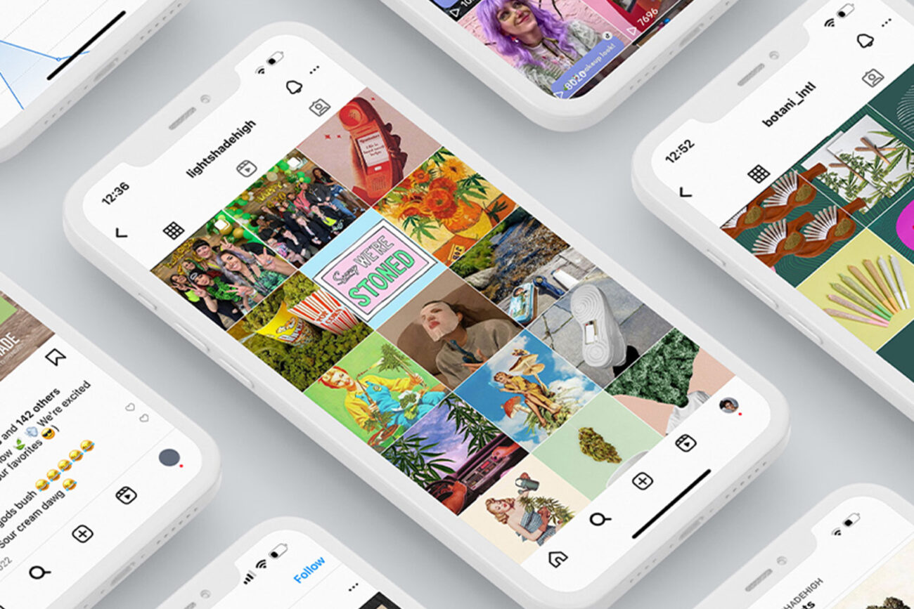 Flat lay of smartphones displaying refreshed cannabis brand Instagram feeds, showcasing vibrant packaging, lifestyle imagery, and social media engagement.