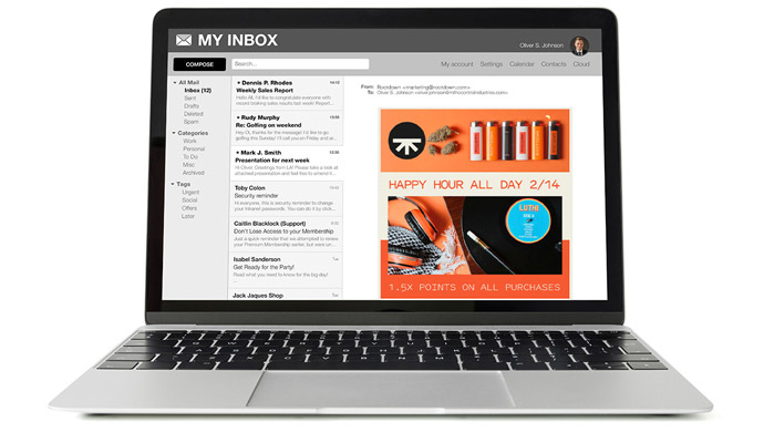 Laptop showing email inbox with Rootfown Dispensary Email