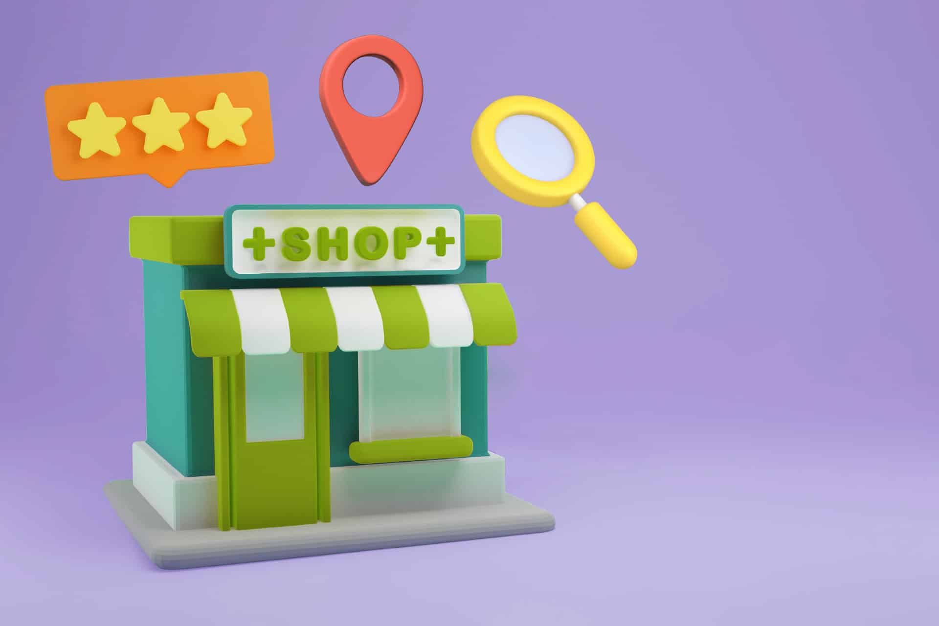 Illustration of Dispensary shop with location icon, magnifying glass & review bubble