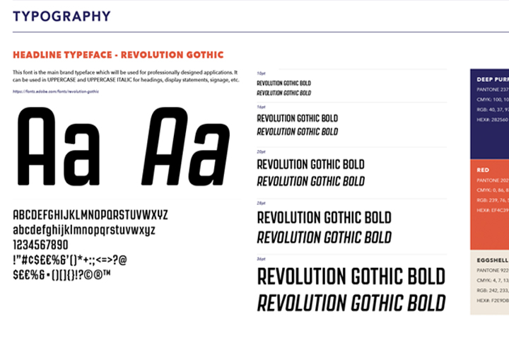 Typography guide for Revolution Gothic typeface showing uppercase, lowercase, numbers, symbols, font weights, and size variations, along with brand color swatches including deep purple, red, and eggshell.