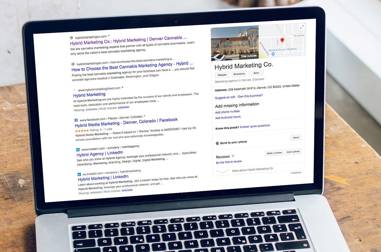 Hybrid Marketing Co. SERP on laptop computer screen