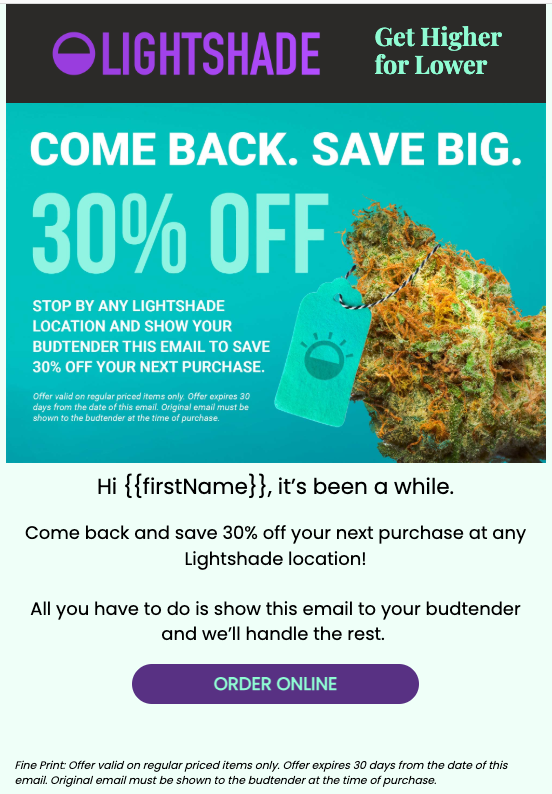 Lightshade win-back series 3 email ad offering 30% off, part of a dispensary marketing and email segmentation campaign.