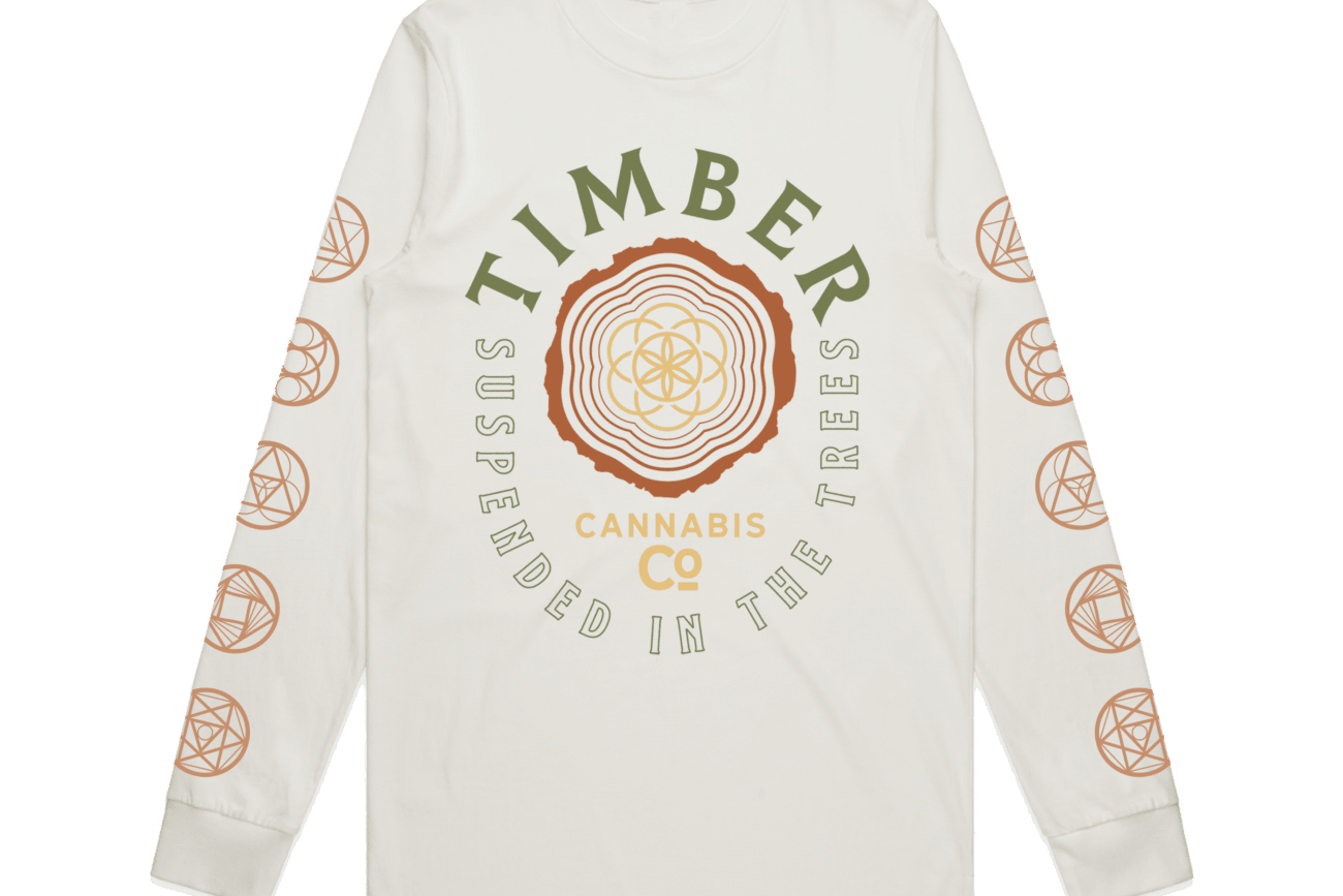 Front of White Sweatshirt featuring TIMBER Dispensary